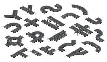 isométrique route. dessin animé Autoroute 3d construction trousse avec le volume sentier et piéton éléments, passage clouté tour et cercle segments. vecteur isolé ensemble