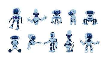 dessin animé robots. artificiel bot personnage avec marrant affronter, bras corps et jambes, divers ai mascotte. vecteur futuriste robot isolé ensemble