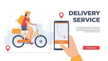 livraison un service application. femme équitation vélo avec nourriture mobile application. en ligne service, courrier sur bicyclette vecteur