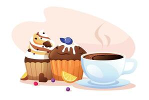 petit gâteau et café. dessin animé muffins avec tasse de cappuccino, sucré Matin nourriture avec chaud boisson pour restaurant café petit déjeuner. vecteur boulangerie illustration