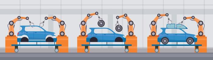 industrie robot bras assembler voitures sur convoyeur ceinture. voiture usine automatique fabrication. plat machine construction ligne vecteur concept