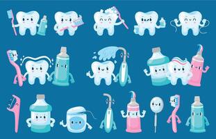 dentaire se soucier personnages. dent brosse à dents dentifrice dentaire soie mignonne dessin animé mascottes pour dentisterie et pédiatrique affiches. vecteur bain de bouche et soins de santé concept ensemble