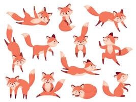 Renard personnage. mignonne dessin animé faune rouge mammifères dans différent pose et Actions, Orange forêt fourrure animaux avec marrant émotions sur visages. vecteur plat ensemble