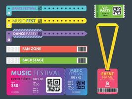 un événement des billets, entrée bracelets et badge pour accès contrôle. la musique festival, montrer, concert ou VIP fête bracelet passer dessins vecteur ensemble