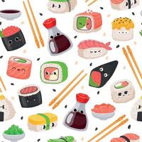 dessin animé kawaii Sushi emoji personnage sans couture modèle. mignonne Japonais nourriture, riz rouleau avec saumon, onigiri, soja sauce. sashimi vecteur texture