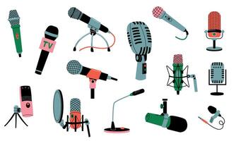 microphones collection. la musique enregistrement radio diffuser équipement, dessin animé micro La technologie pour karaoké, studio son, concert, Podcast entretien. vecteur ensemble