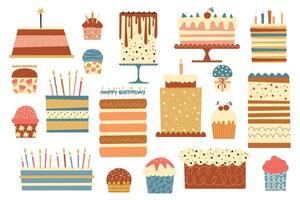 anniversaire desserts. dessin animé sucré cuit gâteau avec crème et des fruits, coloré sucré Pâtisserie pour fête. vecteur boulangerie nourriture ensemble