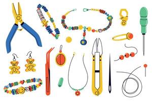 bijoux fabrication outils. dessin animé Fait main accessoires avec instruments, plat bracelet Collier bague des boucles d'oreilles loisir DIY, atelier concept. vecteur ensemble