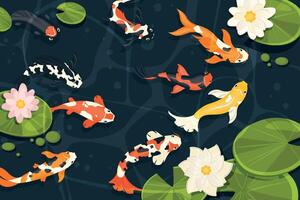 étang avec koi poisson. exotique décoratif poisson rouge, dessin animé chinois carpe nager dans Lac avec lotus fleurs dans dessin animé style. vecteur illustration