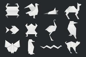 blanc origami animaux. mignonne plié origami animaux, traditionnel Oriental papier art grenouille Colombe poisson cygne chameau papillon plat style. vecteur collection