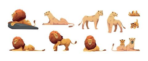 dessin animé lionne. mignonne famille jungle chats, Lion mère et lionceau plat style, Afrique savana zoo animaux, chat prédateurs fierté. vecteur coloré ensemble