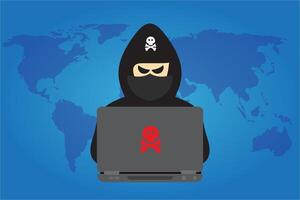 pirate dans noir capuche avec portable en essayant à cyber attaque. vecteur