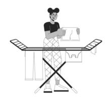 blanchisserie pendaison sur grille noir et blanc dessin animé plat illustration. africain américain 2d lineart personnage isolé. réduire électricité usage. économie énergie Accueil monochrome scène vecteur contour image