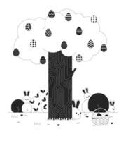 Pâques lapins arbre printemps noir et blanc dessin animé plat illustration. temps de Pâques lapins 2d lineart animaux isolé. ostereierbaum des œufs chasser Eastertide monochrome scène vecteur contour image