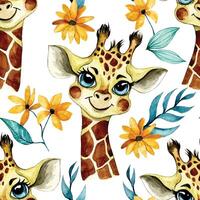 aquarelle sans couture modèle avec mignonne bébé tropical animaux. girafe vecteur