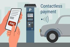 sans contact sans fil Paiement pour parking. mains avec intelligent téléphone et parking mètre dans plat style isolé sur blanche. La technologie concept. en ligne paiement. Paiement méthode. vecteur