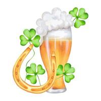 verre de Bière avec d'or fer à cheval et trèfle trèfle.aquarelle et marqueur illustration.clip art composition de en buvant de l'alcool pendant le vacances, st. patrick's main du jour tiré isolé art vecteur