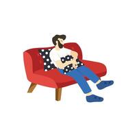 illustration de une homme a essayé et relaxant sur canapé vecteur