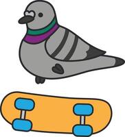 Pigeon avec planche à roulette. vecteur illustration dans plat style.
