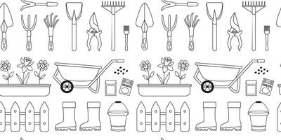 printemps jardinage sans couture modèle. Extérieur agriculture travaux. jardin outils et engrenage, seau, brouette, graines, les plantes dans marmites, bottes. ligne art. coloration page. arrière-plan, numérique papier. vecteur