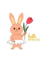 mignonne Pâques lapin avec tulipe. Bonjour printemps caractères. salutation carte, prospectus, invitation, Contexte. Pâques printemps vacances. vecteur