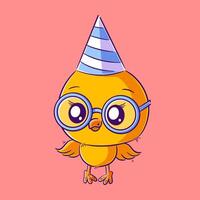 mignonne poussin portant des lunettes et anniversaire chapeau vecteur