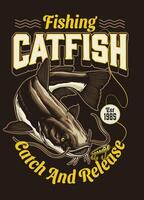 ancien coloré T-shirt de Poisson-chat pêche vecteur