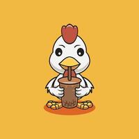 mignonne poulet en buvant boba dessin animé illustration vecteur