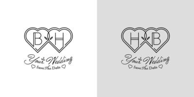 des lettres bh et hb mariage l'amour logo, pour des couples avec b et h initiales vecteur