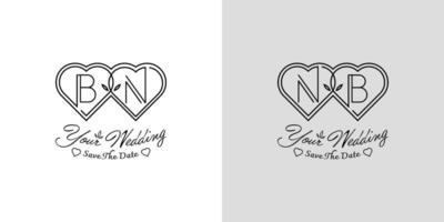 des lettres bn et nb mariage l'amour logo, pour des couples avec b et n initiales vecteur