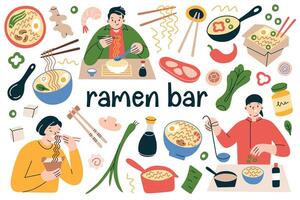 ramen bar, gens en mangeant chinois nouille soupe vecteur