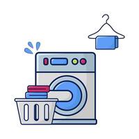 la lessive machine, serviette pendaison avec blanchisserie dans panier illustration vecteur