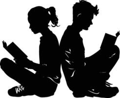 ai généré silhouette adolescent fille et garçon en train de lire livre ensemble noir Couleur seulement vecteur