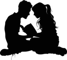 ai généré silhouette adolescent fille et garçon en train de lire livre ensemble noir Couleur seulement vecteur