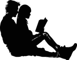 ai généré silhouette adolescent fille et garçon en train de lire livre ensemble noir Couleur seulement vecteur