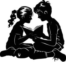 ai généré silhouette adolescent fille et garçon en train de lire livre ensemble noir Couleur seulement vecteur