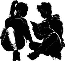 ai généré silhouette adolescent fille et garçon en train de lire livre ensemble noir Couleur seulement vecteur