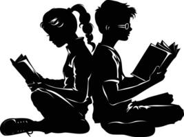 ai généré silhouette adolescent fille et garçon en train de lire livre ensemble noir Couleur seulement vecteur