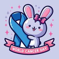 monde cancer journée. mignonne dessin animé lapin avec ruban. vecteur illustration.