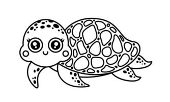 tortue vecteur illustration. mignonne sous-marin animal nage et sourit. Pointé océan animal de compagnie avec coquille. main tiré contour, griffonnage. coloration page avec une marrant reptile. noir et blanc clipart pour des gamins