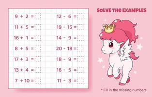 résoudre le exemples. une addition et soustraction en haut à 20. mathématique puzzle jeu. feuille de travail pour école, préscolaire enfants. vecteur illustration. dessin animé éducatif Jeu avec mignonne poney pour les enfants.