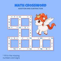 math mots croisés puzzle pour enfants. une addition et soustraction. compte en haut à 20. Jeu pour les enfants. vecteur illustration. coloré mots croisés avec dessin animé poney. tâche, éducation Matériel pour enfants.