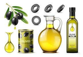 noir Olives, réaliste pot, pouvez et bouteille de pétrole vecteur