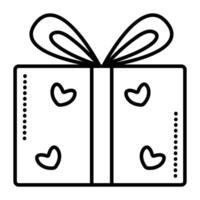 fermé cadeau boîte avec cœurs et arc, noir ligne vecteur icône de parcelle avec ruban, papier paquet pictogramme