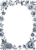 botanique bleu mariage Cadre ou couronne sur blanc Contexte. main tiré floral, fleur, feuille branche dans toile de jouy style. ligne art pour mariage, monogramme, invitation, salutation, logo, anniversaire cartes vecteur