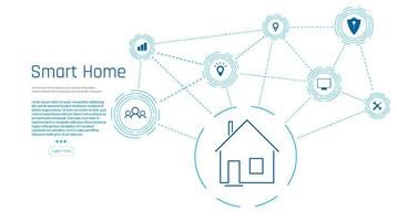 bannière de intelligent Accueil technologie. le bâtiment consiste de Nombres et est connecté par Icônes de Ménage intelligent dispositifs. intelligent Accueil la gestion système. vecteur
