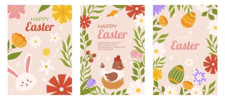 Pâques collection de verticale salutation cartes modèle. conception avec floral cadres, peint œufs, lapin et poulet sur nid. main tiré plat vecteur illustration