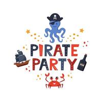 vecteur illustration pirate fête caractères avec poulpe dans pirate chapeau, bateau, rhum, crabe. des gamins logo emblème. textile en tissu imprimer. vecteur illustration.