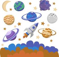 ensemble de vecteur éléments de planètes dans espace, Saturne, lune, Mars, Vénus, fusée mouches en haut, dense des nuages de dessous, étoiles, plat dessin animé style pour enfant garçon