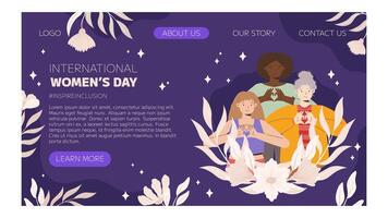 iwd inspirer inclusion campagne, international aux femmes journée 2024 atterrissage page modèle Caractéristiques une la diversité de femmes fabrication cœur geste avec leur mains. vecteur main tiré illustration dans plat style.